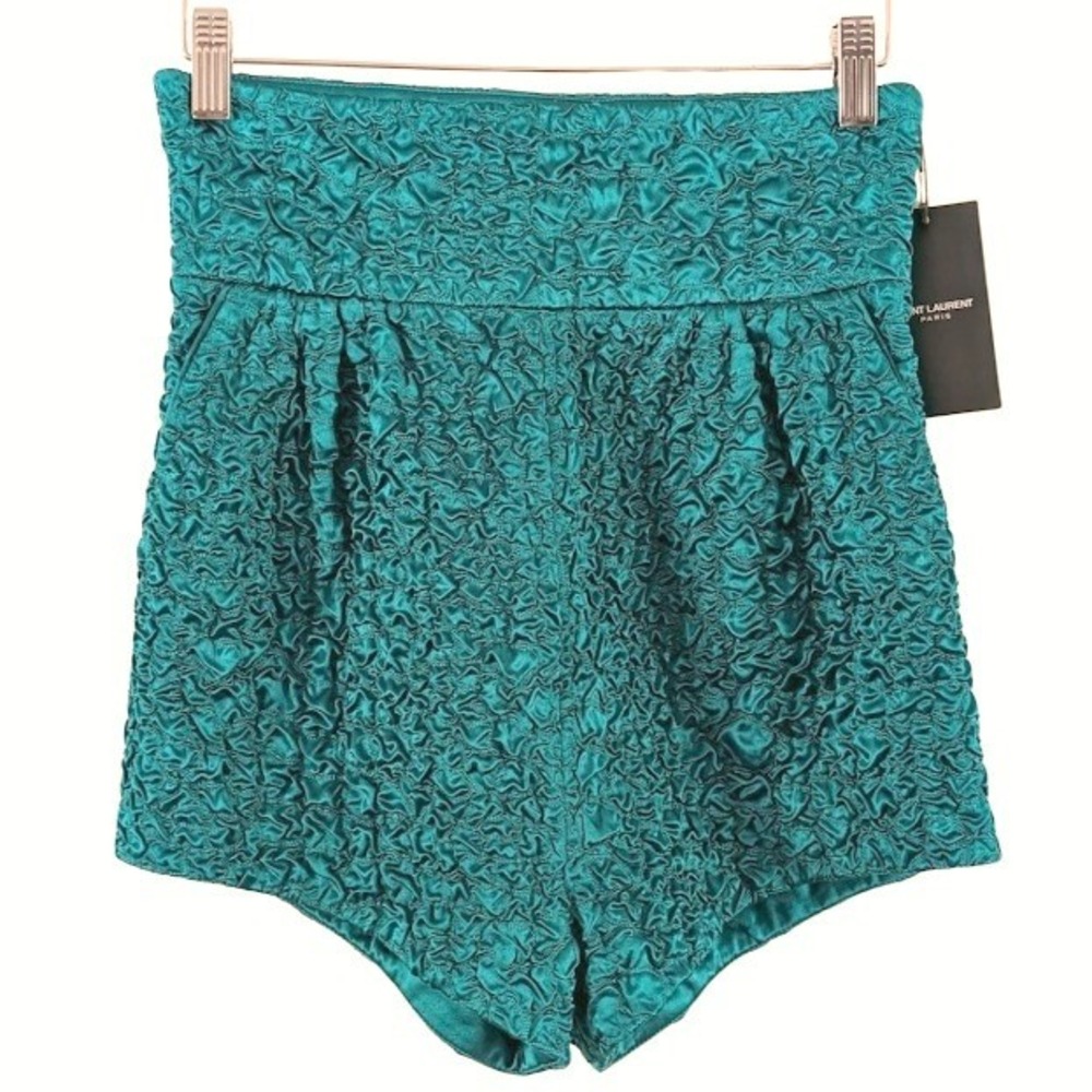 NWT‎ Saint Laurent Emerald Green Silk Crinkled High Waisted Shorts Size 36 - Picture 3 of 9